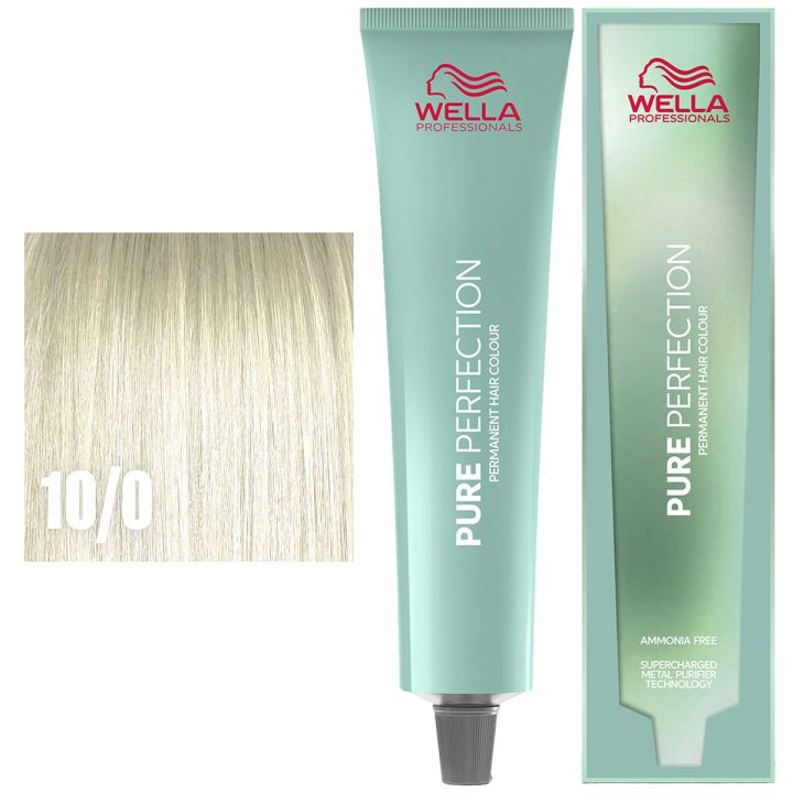 Wella Professionals Pure Perfection pakshot met mintgroene tube, kartonnen doosje en staal van lichtblond haar