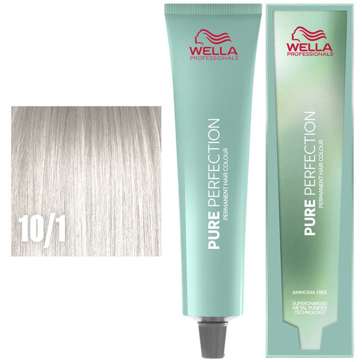 Wella Professionals Pure Perfection pakshot met mintgroene tube, bijpassende doos en een staal zilverblond haar