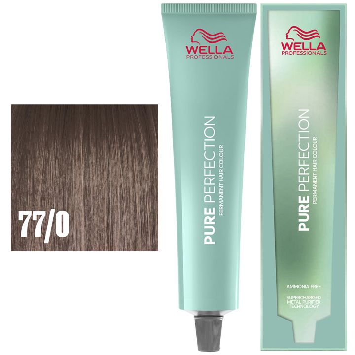 Wella Professionals Pure Perfection pakshot van mintgroene tube en doos naast een staal bruin haar