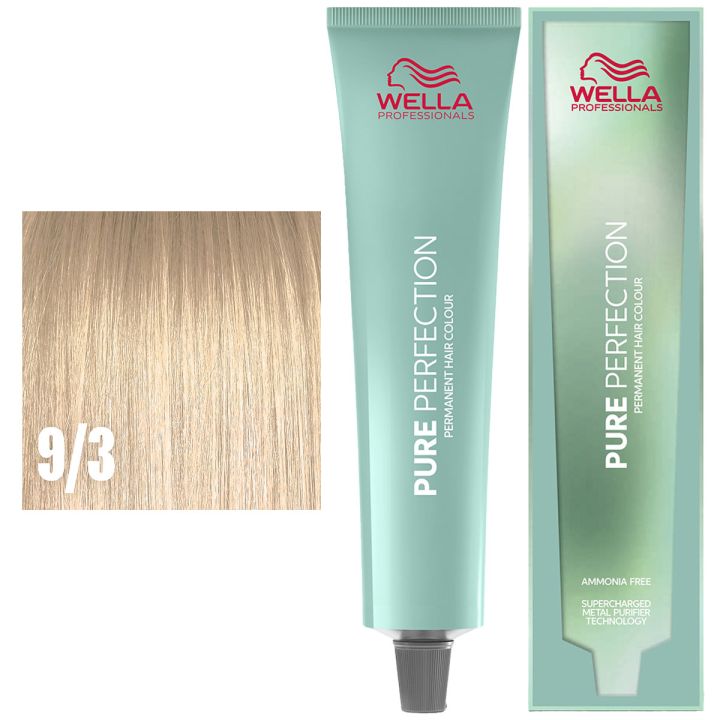 Wella Professionals Pure Perfection pakshot met mintgroene tube, doos en staal van lichtblond haar