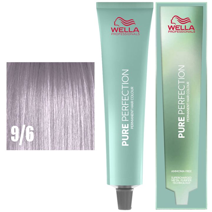 Wella Professionals Pure Perfection pakshot met mintgroene tube, bijpassende doos en lila haarstalen links