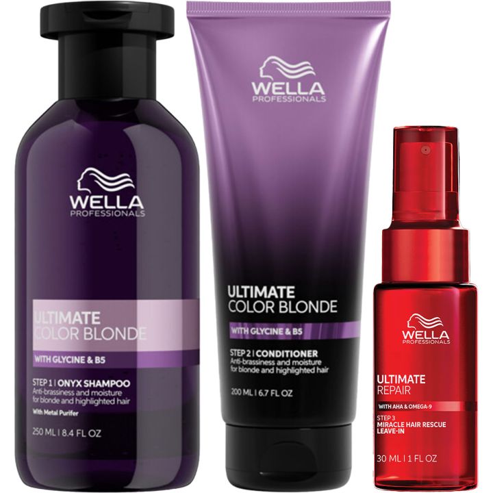 Wella Professionals Ultimate Blonde & Ultimate Repair Voordeelset pakshot van paarse fles, paarse tube en kleine rode pompfles