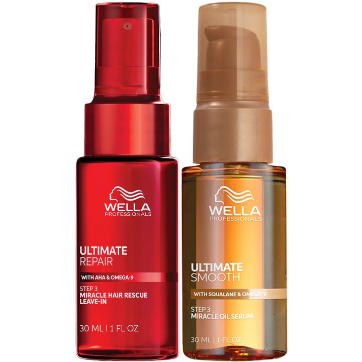 Wella Professionals Ultimate Repair & Ultimate Smooth Travelsize Voordeelset, pakshot van een rood en een oranjebruin pompflesje naast elkaar
