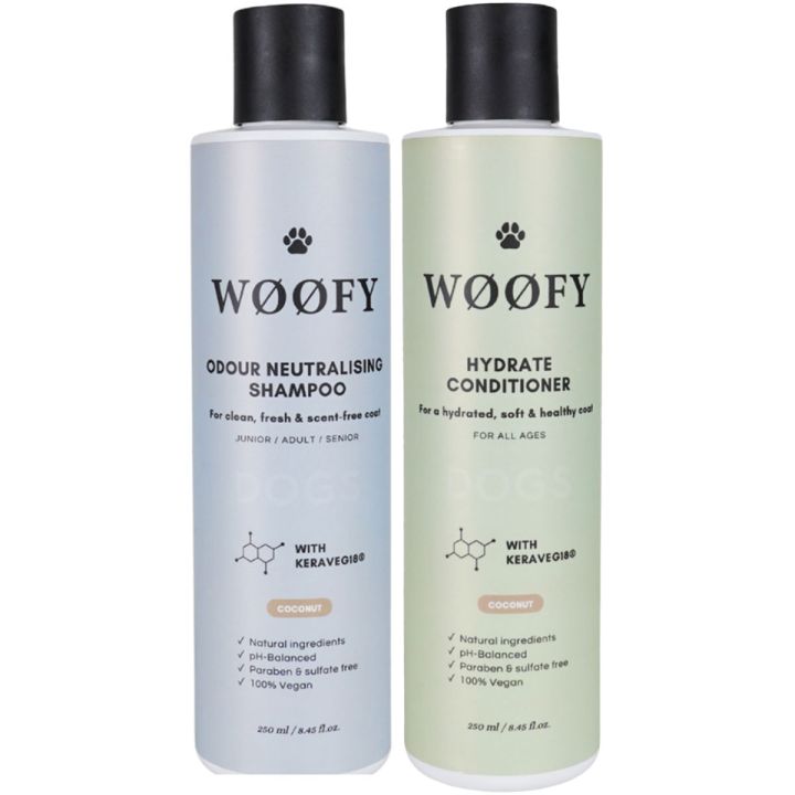 Woofy Shampoo & Conditioner Coconut set met twee flessen met zwarte dop