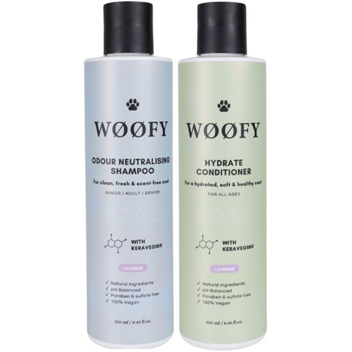 WØØFY Shampoo & Conditioner Lavendel pakshot met twee flessen naast elkaar
