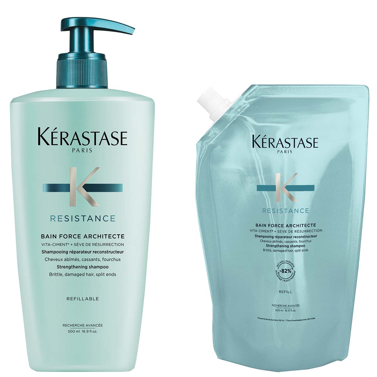 Kérastase - Résistance Bain Force Architecte Shampoo 500 ml + Refill Shampoo 500 ml - Voordeelset voor Beschadigd Haar 1