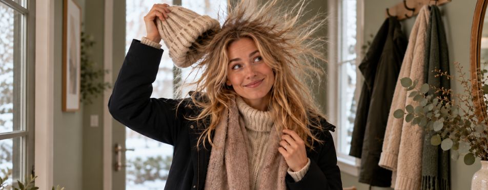 Vrouw met statisch haar in de winter door het afzetten van haar wollen muts, met warme sjaal en winterjas in de hal