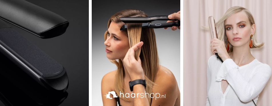 Drieluik met een close-up van een zwarte stijltang, een vrouw die haar haar stijlt en het eindresultaat bij een blonde vrouw