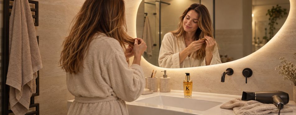 Vrouw brengt Kérastase Elixir Ultime haarolie aan in haar haarpunten voor de badkamerspiegel