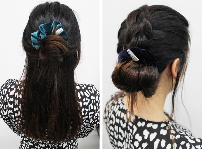 Scrunchie bij staart en opgestoken kapsel.