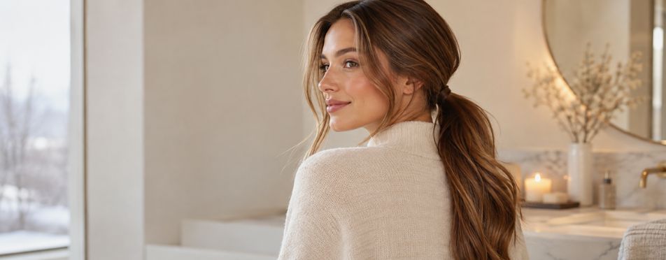 Vrouw met een glanzende lage paardenstaart en beige blazer in een moderne badkamer Vrouw met een glanzende lage paardenstaart en beige blazer in een moderne badkamer
