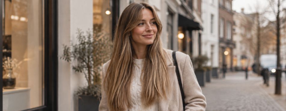 Glimlachende vrouw met lang blond haar in een beige jasje op een straat in de stad Glimlachende vrouw met lang blond haar in een beige jasje op een straat in de stad
