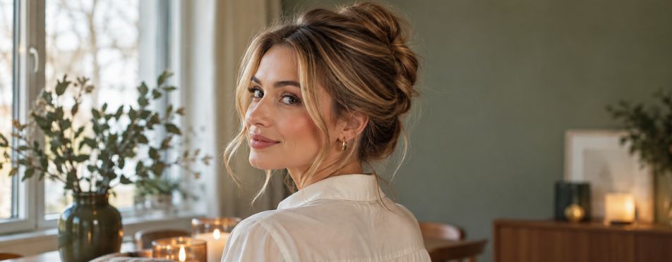 Vrouw met opgestoken haar in een Franse knot (French bun) en een witte blouse Vrouw met opgestoken haar in een Franse knot (French bun) en een witte blouse