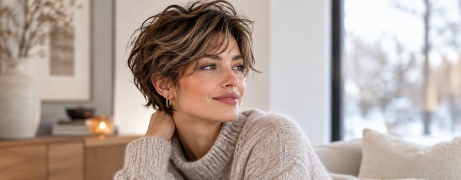 Vrouw met een korte bixie/pixie shag coupe, veel textuur en speelse laagjes in een lichte winterse woonkamer Vrouw met een korte bixie/pixie shag coupe, veel textuur en speelse laagjes in een lichte winterse woonkamer