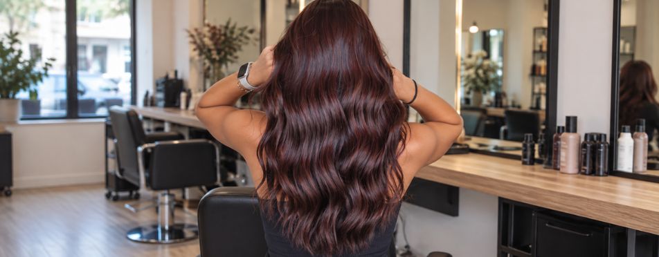 Vrouw met lang, glanzend Cherry Mocha haar in een diepe kersenbruine tint met zachte golven, van achteren gefotografeerd in een kapsalon Vrouw met lang, glanzend Cherry Mocha haar in een diepe kersenbruine tint met zachte golven, van achteren gefotografeerd in een kapsalon